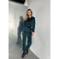 Плюшевый костюм (укороченная кофточка на молнии+брюки джоггеры) изумруд