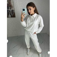 Костюм-двойка кофта с воротником и свободные штаны вельвет Вафля белый
