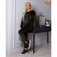 спортивный костюм двойка (штаны+кофта с мишкой в камнях) хаки