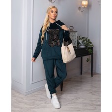 спортивный костюм двойка (штаны+кофта с мишкой в камнях) изумруд