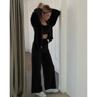 Велюровый оверсайз костюм тройка (кофта+штаны палаццо+топ) черный