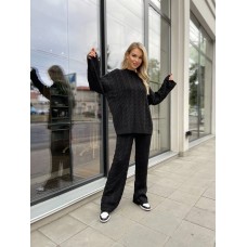 Трикотажный костюм oversize  (свитер+ широкие брюки с высокой посадкой на талии) черный