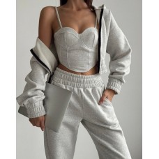 Комфортный костюм (худи oversize на молнии+топ с чашками+свободные брюки) меланж