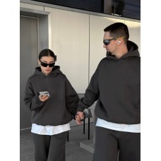 Женский костюм оверсайз из серии FAMILY LOOK трехнитка на флисе +двойной капюшон графит