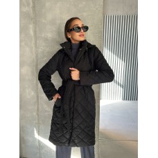 Пальто зимнее на заклепках+пояс капюшон отстегивается  силикон плащевка МАТОВЫЙ черный