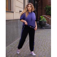 Спортивный костюм худи с коротким рукавом и брюки с высокой посадкой сирень+черный