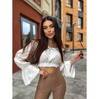 Топ из натуральной ткани с длинным рукавом молочный