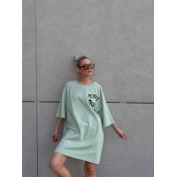 Футболка-платье oversize с качественным принтом Дональд Дак фисташка