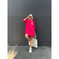 Футболка-платье oversize с качественным принтом Дональд Дак малина