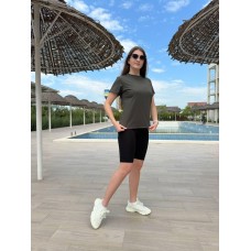 Костюм спорт футболка+велосипедки хаки
