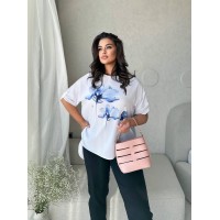 Костюм повседневный Блуза свободного кроя с сублимацией + брюки с высокой посадкой темно-синий