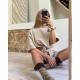 легкий костюмчик оверсайз с завязками под грудью бежевый