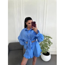 Легкий стильный костюм рубашка+шорты с рюшами голубой