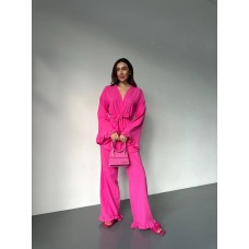 Костюм (кимоно+пояс+брюки) с декоративными рюшами розовый