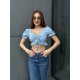 Укороченный нежный топ блуза в цветочный принт с рюшами голубой
