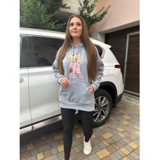 Худи с капюшоном оверсайз трехнить на флисе девочка Мишка серый