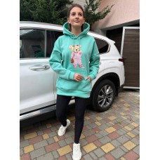 Худи с капюшоном оверсайз трехнить на флисе девочка Мишка мята