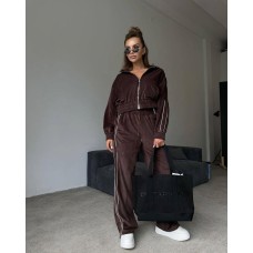Велюровый костюм со вставкой канта (укороченная кофта на молнии+брюки свободного кроя) шоколад