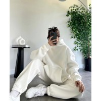 Теплый базовый костюм оверсайз (классические худи с капюшоном+джоггеры) молочный