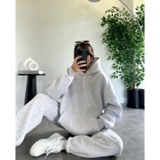 Теплый базовый костюм оверсайз (классические худи с капюшоном+джоггеры) серый меланж