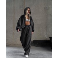 Трикотажный костюм (кофта на молнии с капюшоном+брюки) двухнитка графит