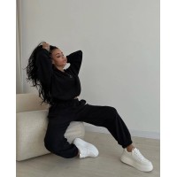 Теплый костюм из флиса кофта на молнии и на резинке и брюки с высокой талией черный