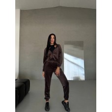 Плюшевый костюм (укороченная кофточка на молнии+брюки джоггеры) шоколад