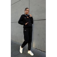 Теплый костюм трехнитка на флисе (кофта на молнии с капюшоном+брюки низ на резинке) черный