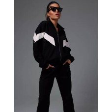 Яркий костюм (кофта на молнии с контрастным принтом+брюки) трехнитка флис черный