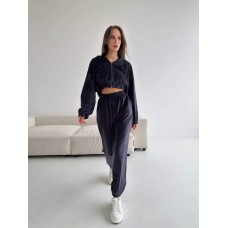 Комфортный велюровый костюм (укороченная кофта на молнии с капюшоном+свободные брюки) черный