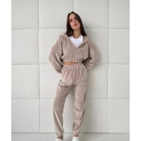 Комфортный велюровый костюм (укороченная кофта на молнии с капюшоном+свободные брюки) пудра
