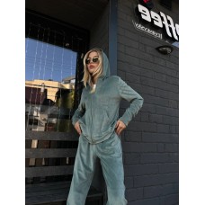 Удобный велюровый костюм (кофта на молнии с капюшоном+брюки низ на манжете) мята