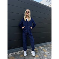 Удобный велюровый костюм (кофта на молнии с капюшоном+брюки низ на манжете) темно-синий