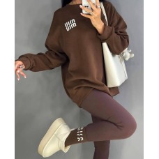 Теплый удлиненный свитшот OVERSIZE и высокие натуральные носочки с трендовым лого шоколад