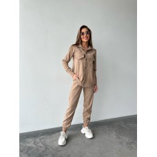 Костюмиз вельвета (рубашка с накладными карманами+брюки низ на манжетах) бежевый