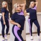 Женский фитнес костюм (удлиненная футболка+лосины с высокой посадкой) темно-синий+сиреневый