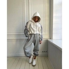 Костюм худи с фиксатором и брюки с карманами и шнурком серый+белый