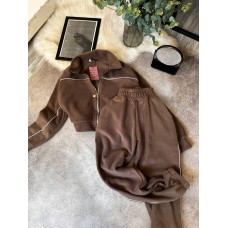 Уютный комфортный костюм с кантом (брюки с карманами+кофта на молнии) шоколад