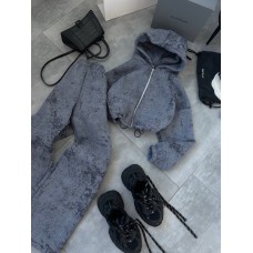 Теплый костюм (кофта на молнии с кулиской по низу+прямые брюки) графит мрамор
