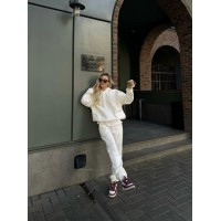 Комфортый костюм из флиса (кофта с капюшоном+брюки с карманами+манжетами по низу) молочный