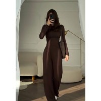 Трикотажный костюм из джерси (лонгслив+свободные брюки) шоколад