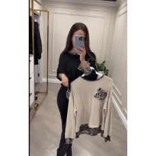 Трикотажная кофта со вставками софта в леопардовый принт+по низу кулиска бежевый