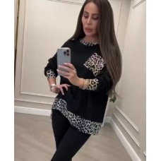 Трикотажная кофта со вставками софта в леопардовый принт+по низу кулиска черный