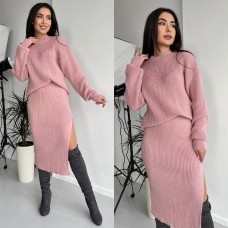 Вязаный теплый костюм (кофта оверсайз+юбка прямого кроя длной миди с разрезом) светлая пудра
