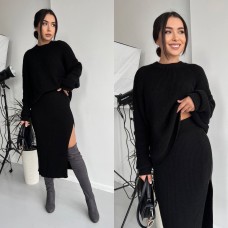 Вязаный теплый костюм (кофта оверсайз+юбка прямого кроя длной миди с разрезом) черный