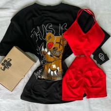Костюм тройка: футболка oversize + топ + велосипедки черный+красный