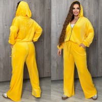 Спортивный велюровый костюм (кофта на молнии с капюшоном+широкие брюки) желтый