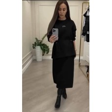 Костюм (удлиненная юбка+сзади разрез+кофта свободного кроя  с накатом+по талии кулиска) черный