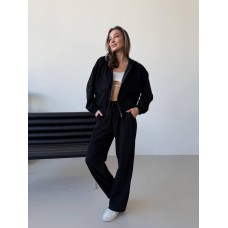 Вельветовый костюм кофта с накладными карманами+брюки черный