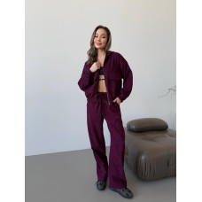 Вельветовый костюм кофта с накладными карманами+брюки бордо